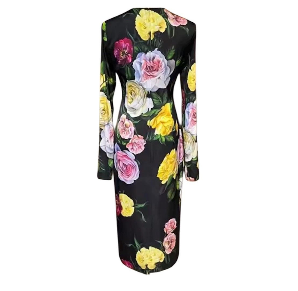 Handmade Italian Long sleeves Roses print silk dress