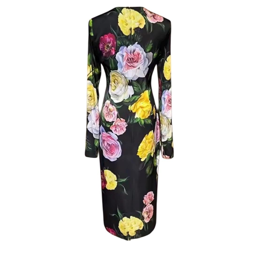 Handmade Italian Long sleeves Roses print silk dress