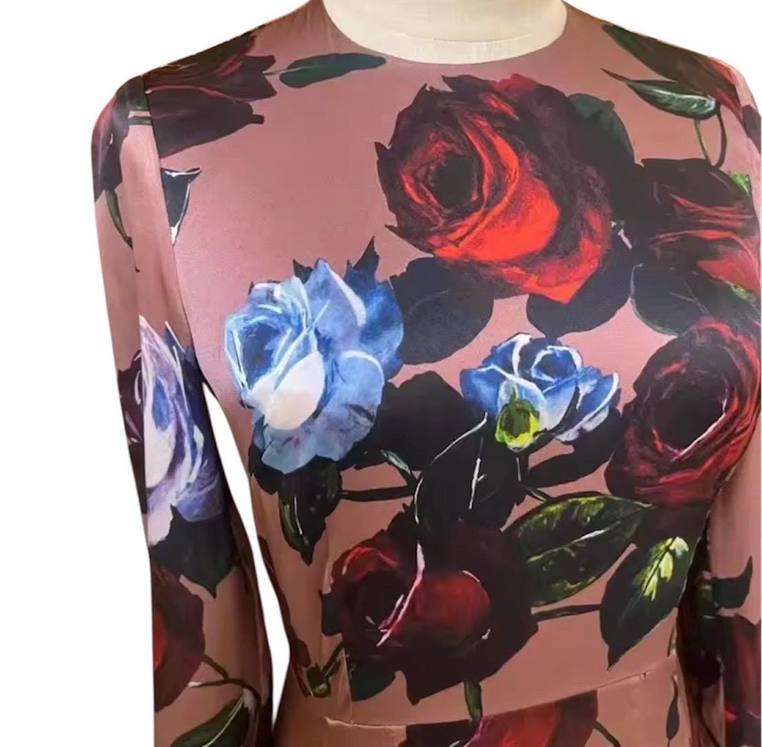 Italian Luxury Designer Floral long sleeve pure silk midi dress