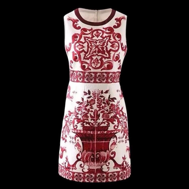 Handmade Italian designer Brocade Majolica print sleeveless mini dress, red white Minidress summer dress