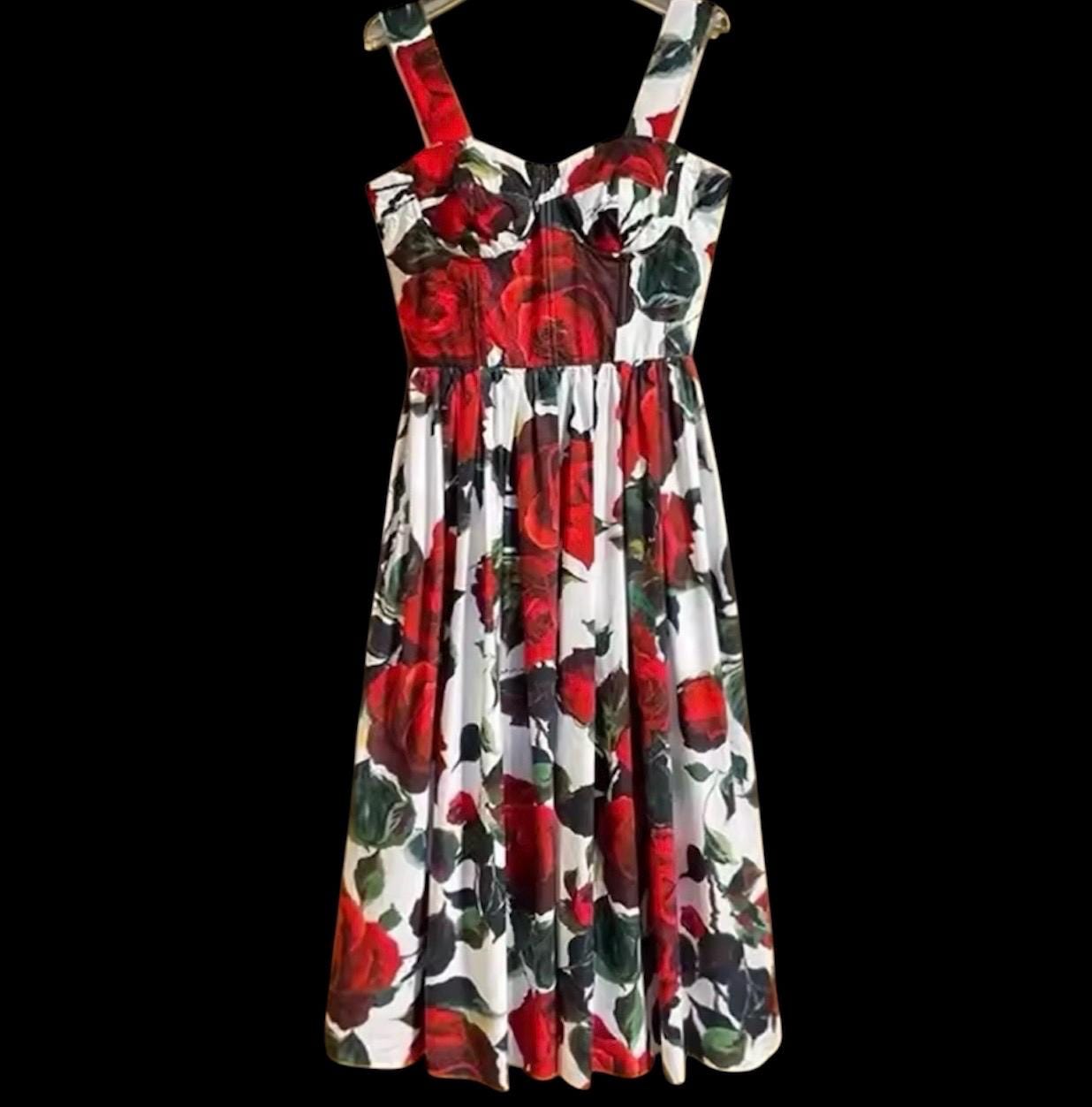 Handmade Italian designer floral-print roses print midi dress push up cotton dress
