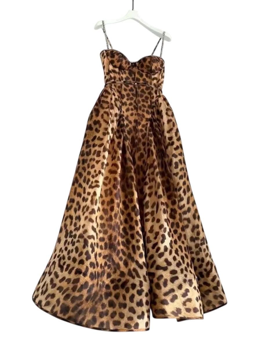 Handmade Italian Linen Silk Midi Dress: Leopard Print, Swarovski Crystals
