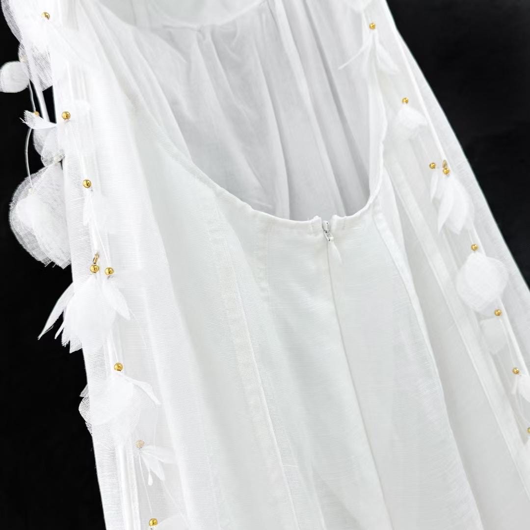 Floral Linen Silk Midi Dress: Italian Designer Handmade Luxury White color Wedding dress