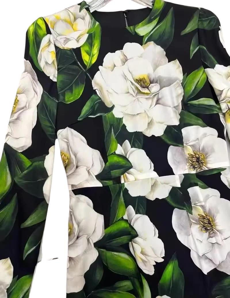 Italian Luxury Designer White Roses print long sleeve 100% silk dress Summer dress