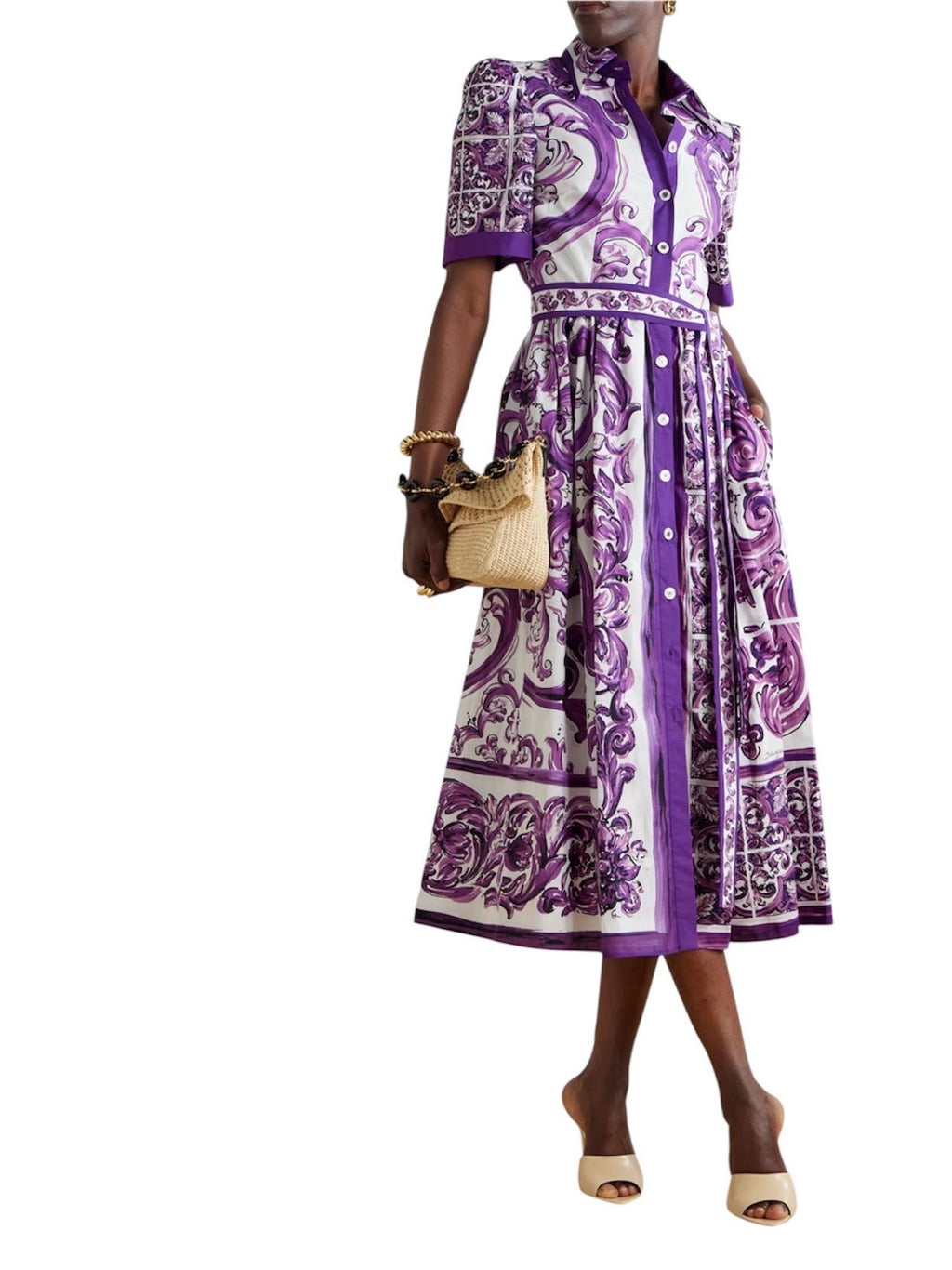 Handmade Purple Majolica Cotton Dress: Italian Designer Shirt Sleeve