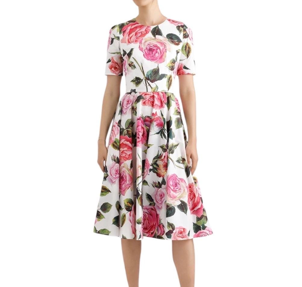 Handmade Italian Cotton Babydoll Dress: Pink Rose Print