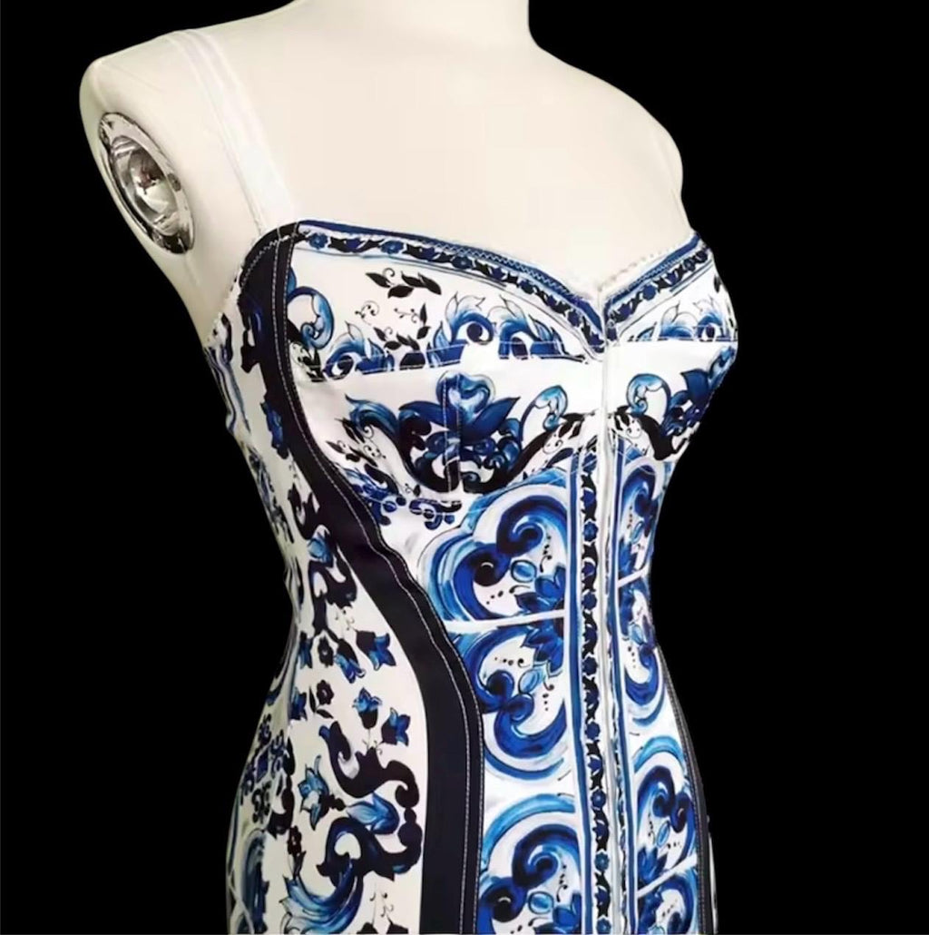 Hand made Italian Luxury Blue color Majolica 100% silk dress Summer dress