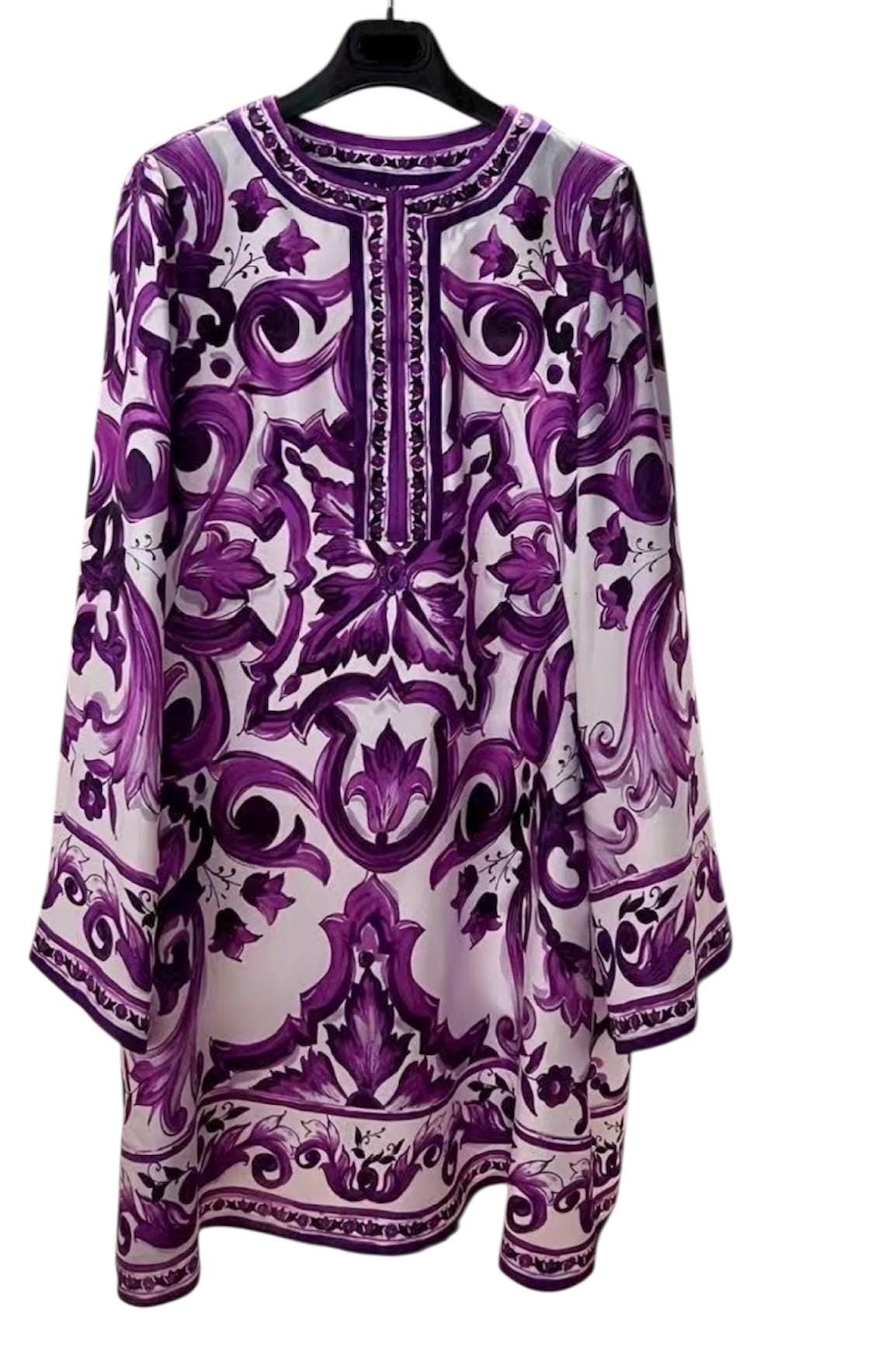 Handmade Italian Silk Brocade Mini Dress: Majolica Print Long Sleeve