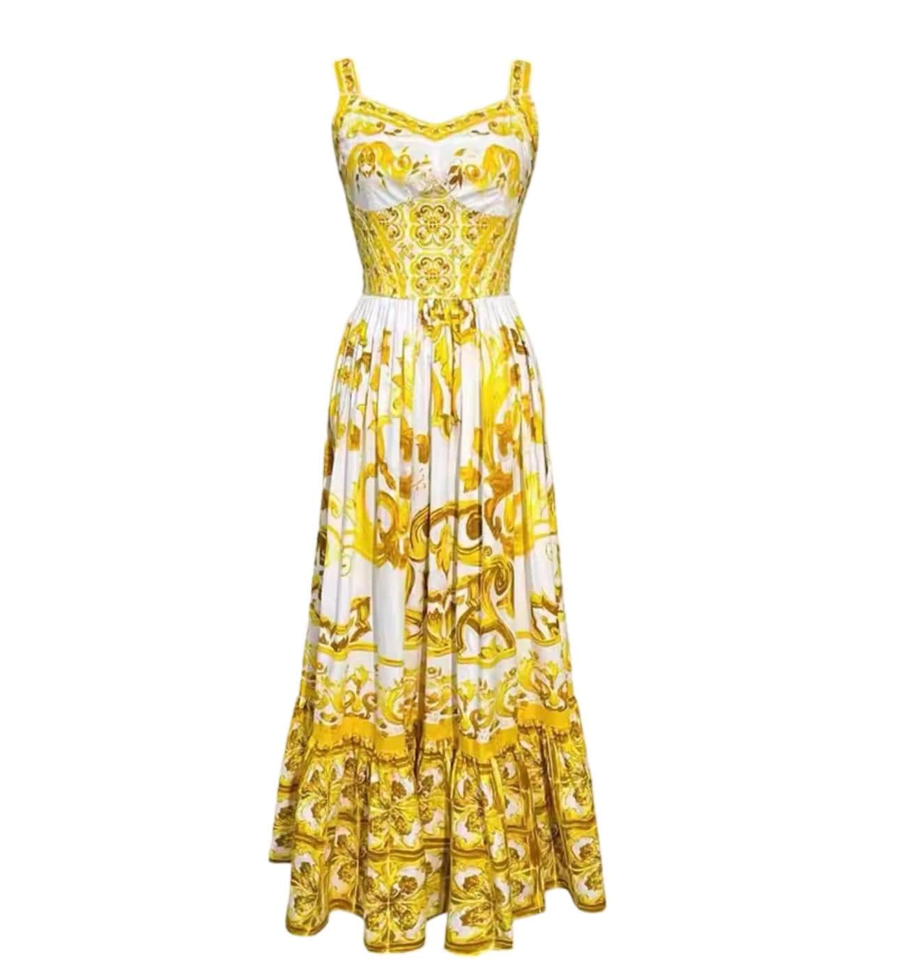 Handmade Italian Cotton Corset Dress: Majolica Print Calf-Length