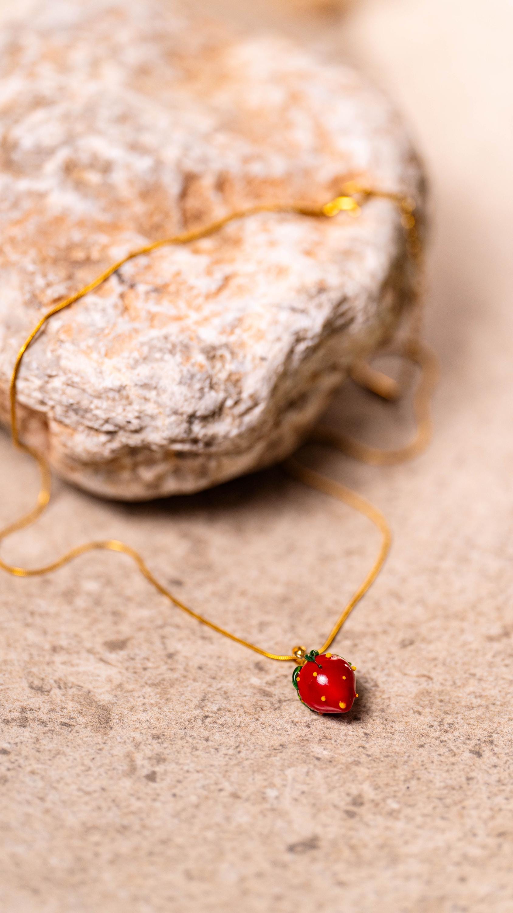Handmade Murano Glass Strawberry Necklace: Gold Plated Charm