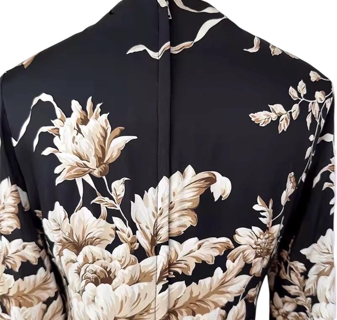 Handmade Italian Long sleeves Floral print 100% silk dress Black color