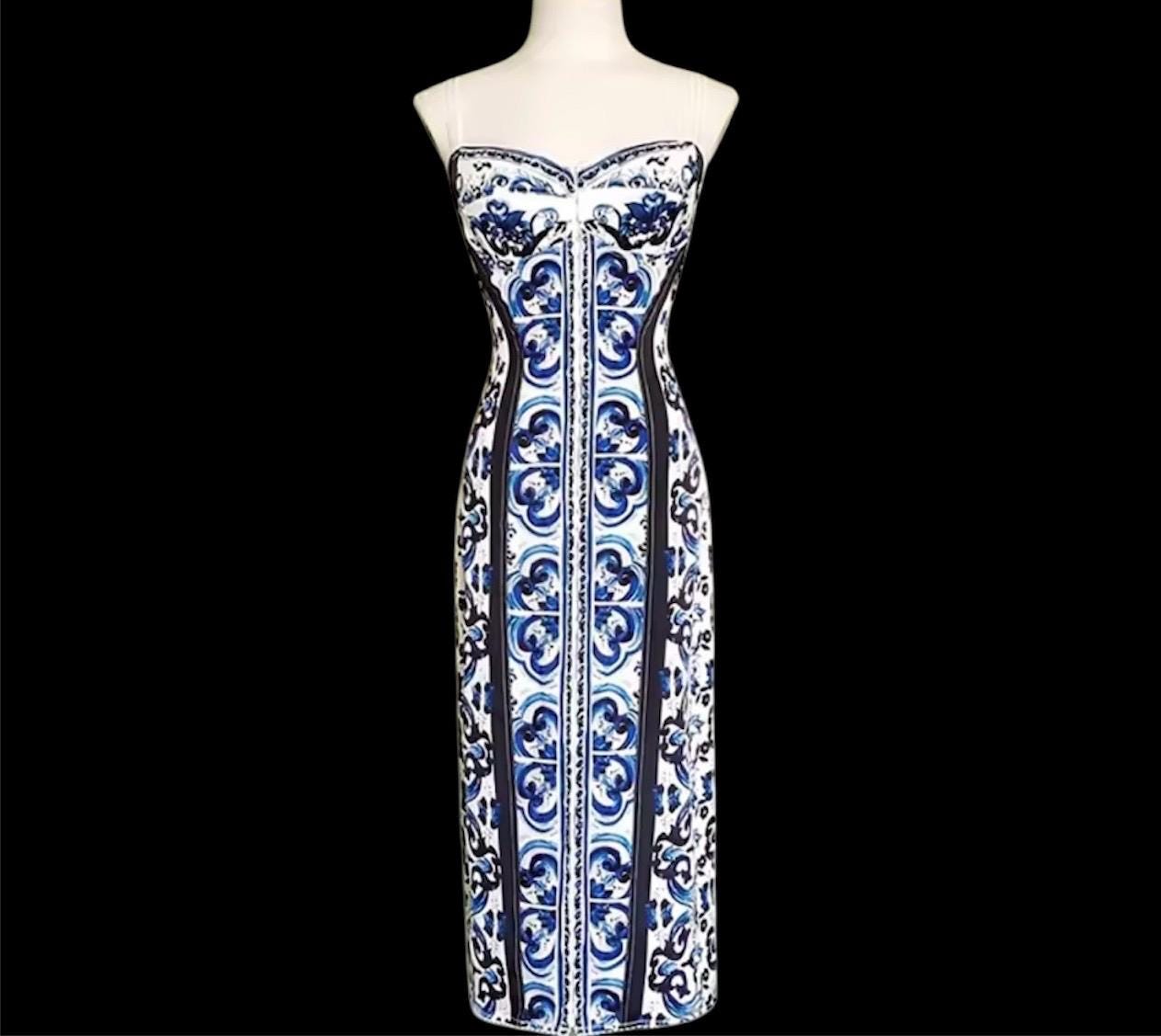 Hand made Italian Luxury Blue color Majolica 100% silk dress Summer dress