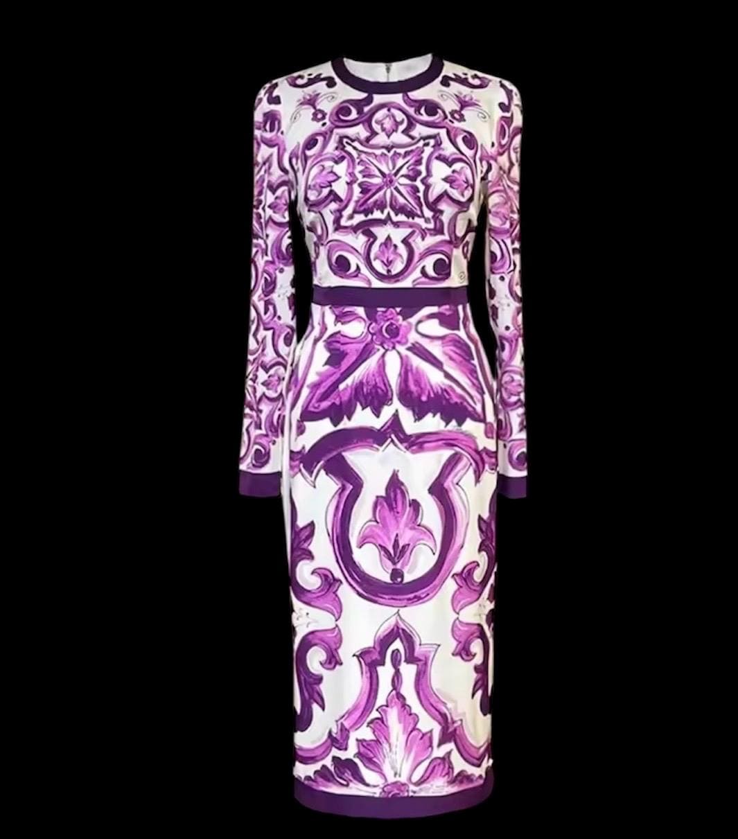 Italian Majolica Print Silk Dress: Designer Occasion Wear