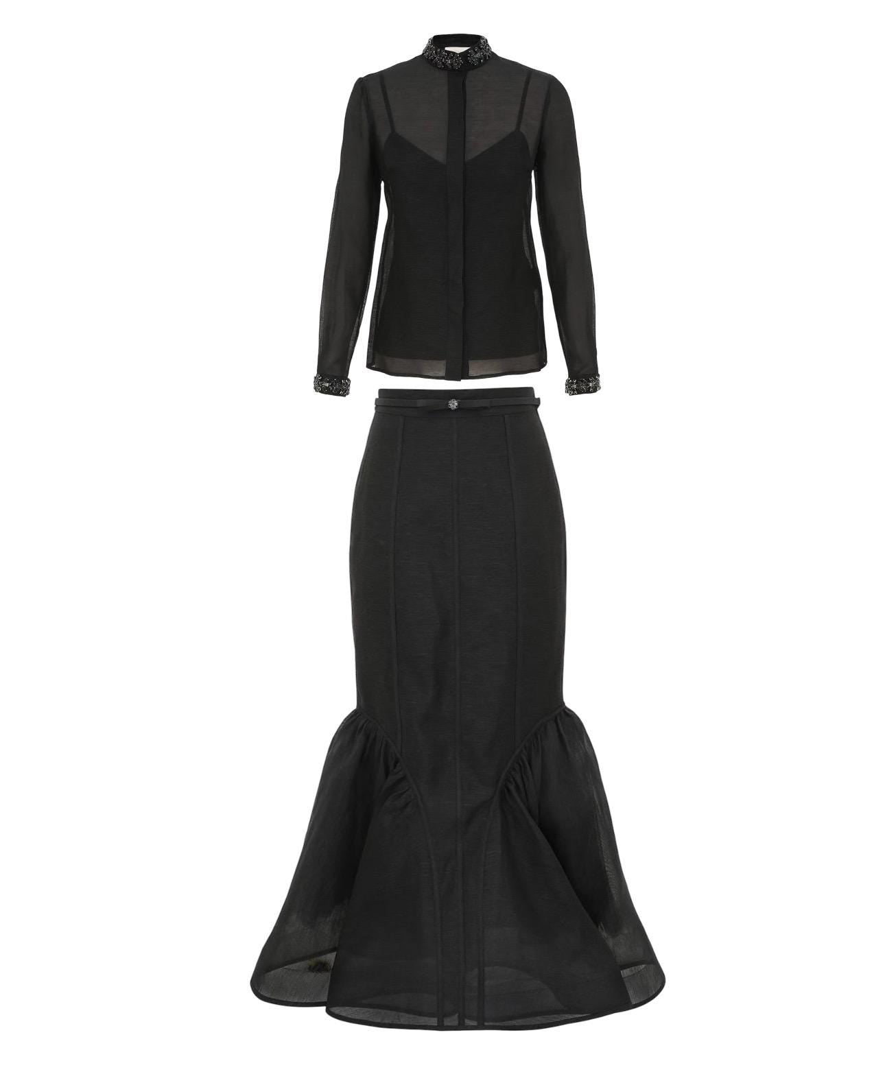Handmade Italian Linen Silk Dress Set: Black color with crystals Wedding Occasion