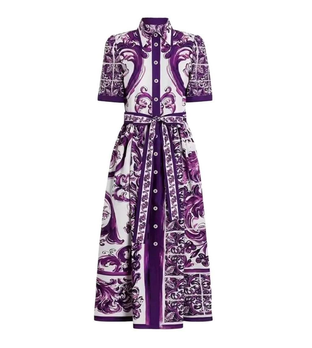 Handmade Purple Majolica Cotton Dress: Italian Designer Shirt Sleeve
