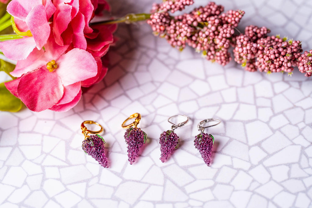 Handmade Murano Glass Grape Earrings: 925 Sterling Silver Hoops
