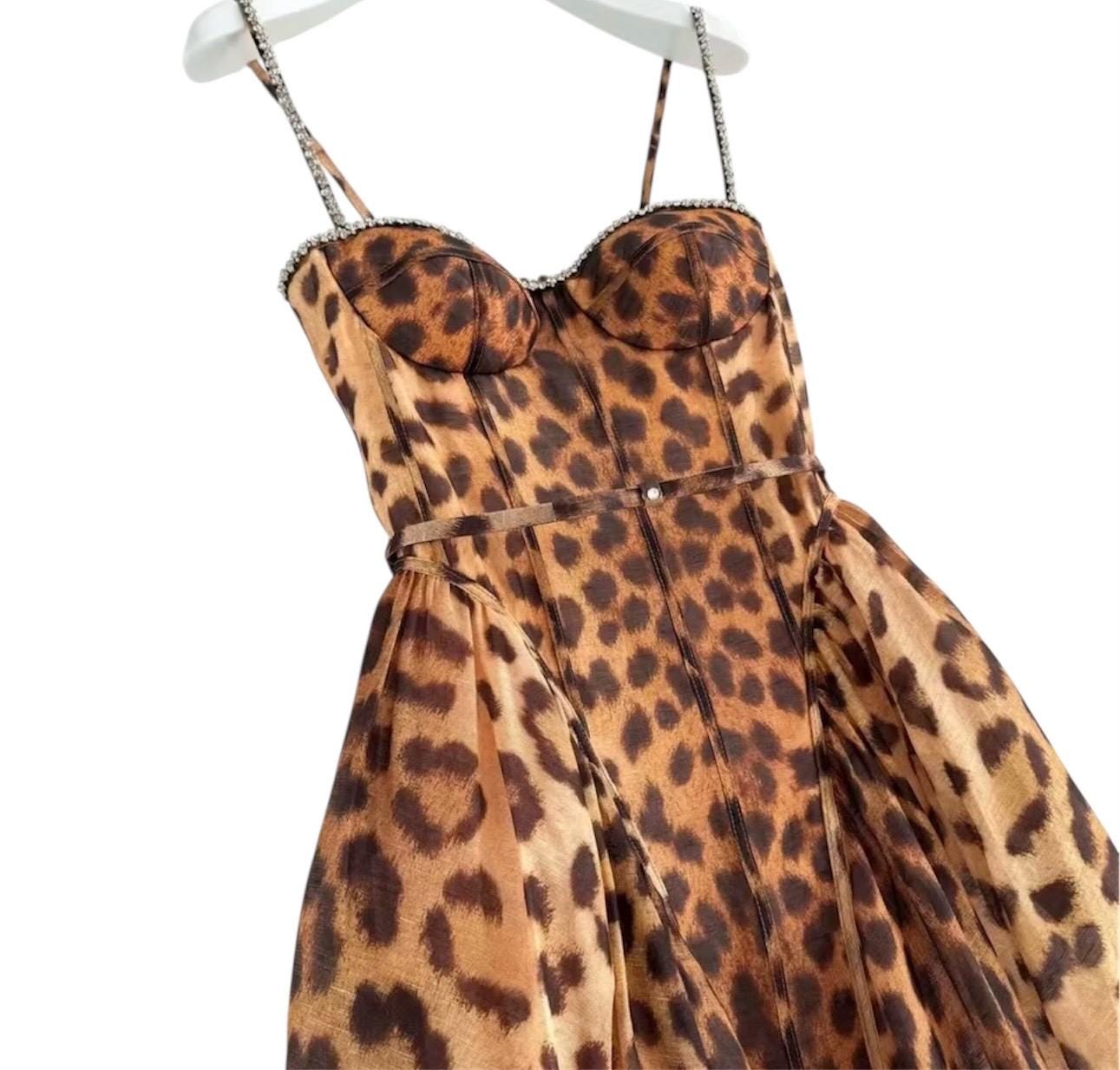 Handmade Italian Linen Silk Midi Dress: Leopard Print, Swarovski Crystals