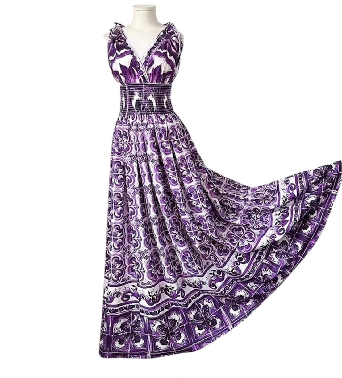 Handmade Italian Majolica Print Dress: Purple Cotton Shirt Sleeve