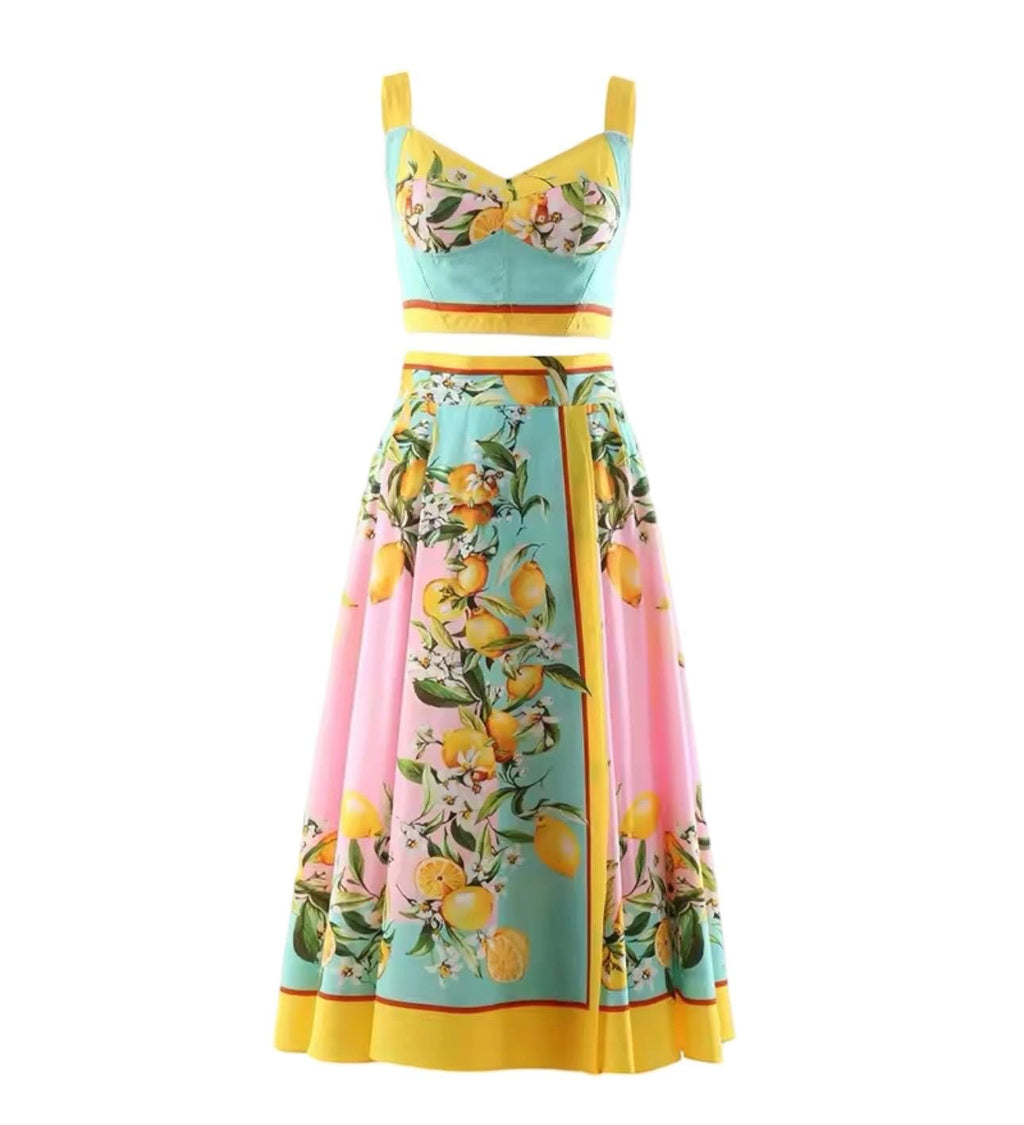 Handmade Italian Tiles Style Positano Lemon Dress Set Crop Top and Skirt