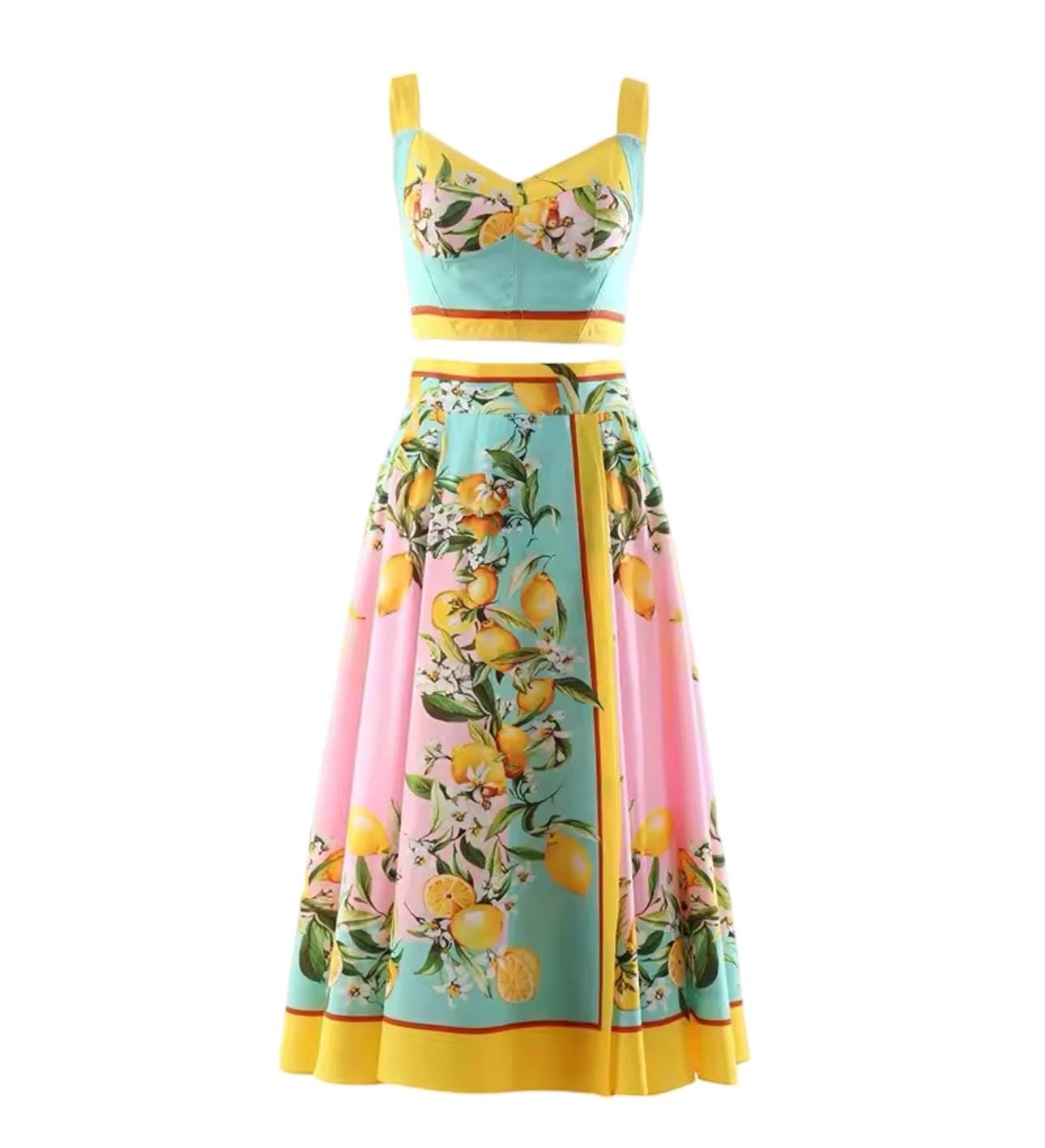Handmade Italian Tiles Style Positano Lemon Dress Set Crop Top and Skirt