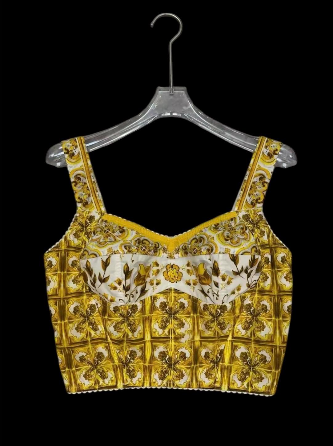 Italian designer Majolica style dress set, skirt and top 100% cotton Yellow colors