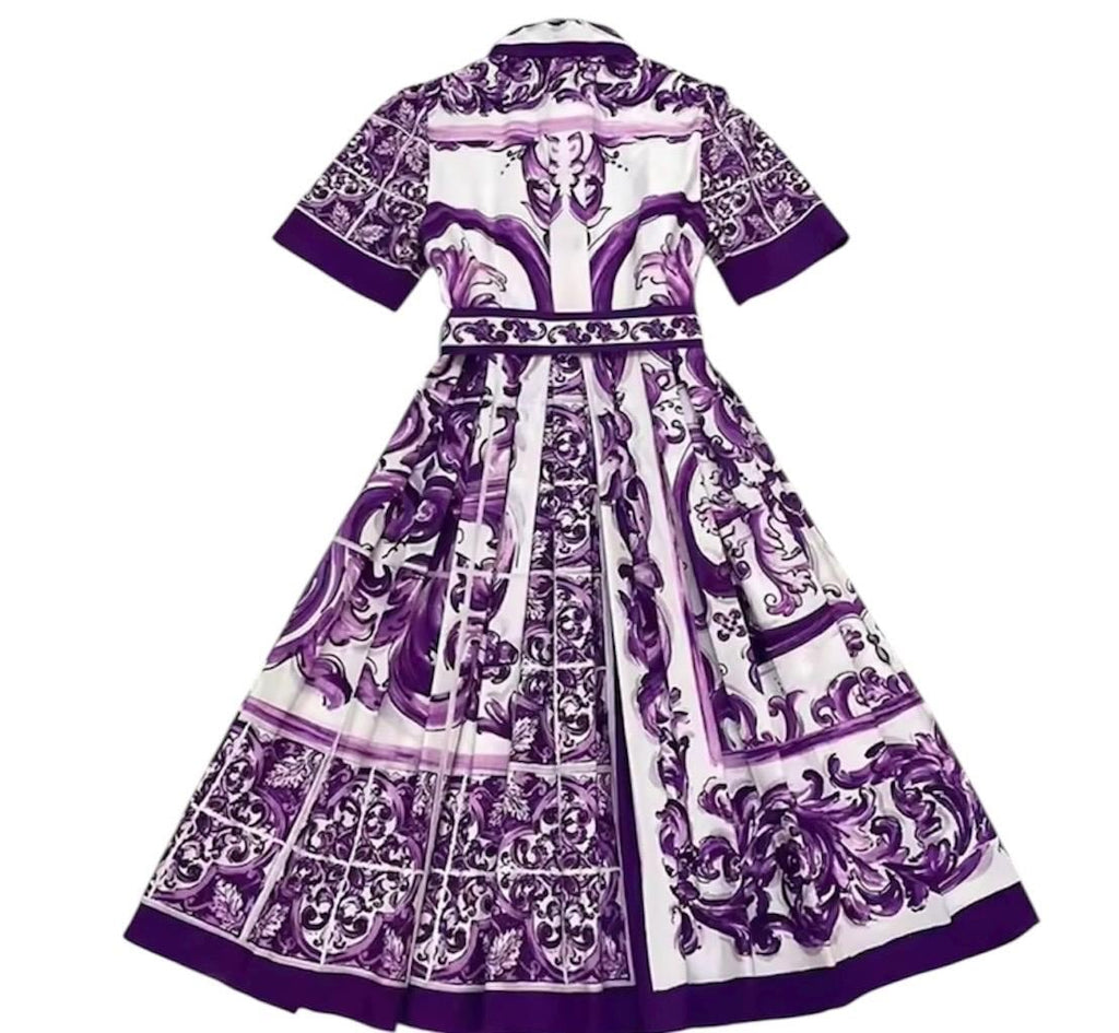 Handmade Purple Majolica Cotton Dress: Italian Designer Shirt Sleeve