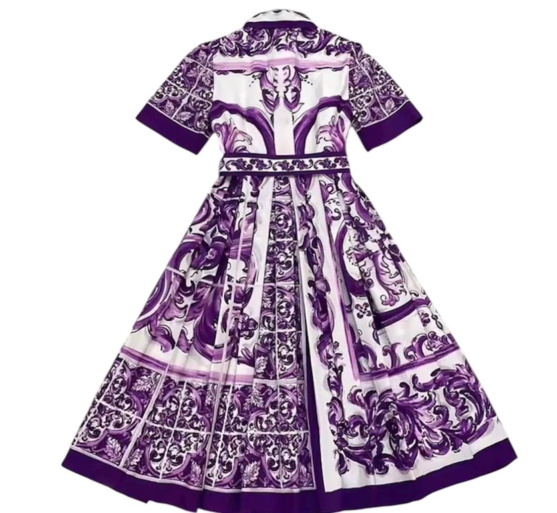 Handmade Purple Majolica Cotton Dress: Italian Designer Shirt Sleeve