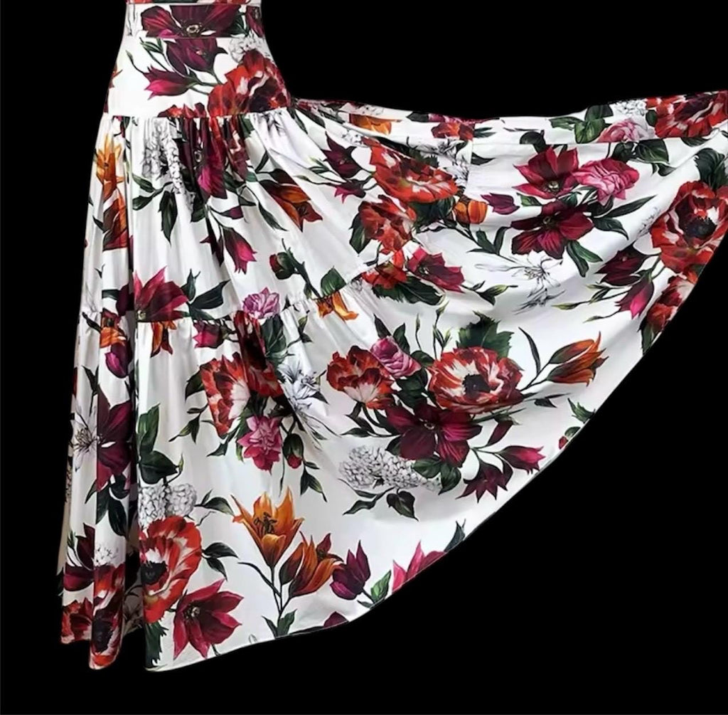 Handmade Italian Tiles Style Floral print Set Crop Top and Skirt Summer dress cotton