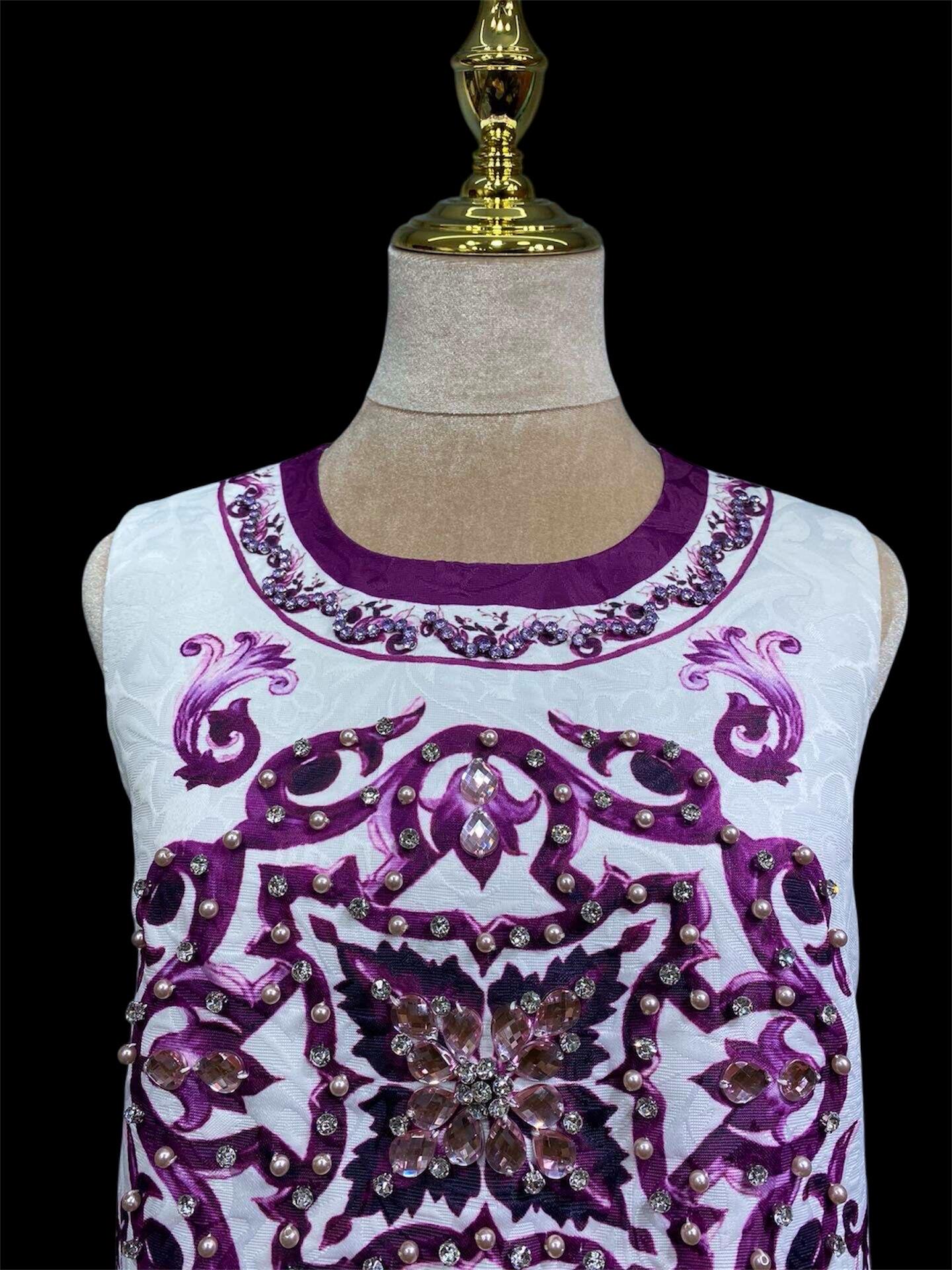Italian Majolica Print Dress: Rhinestone Cotton Blend Occasion Dress