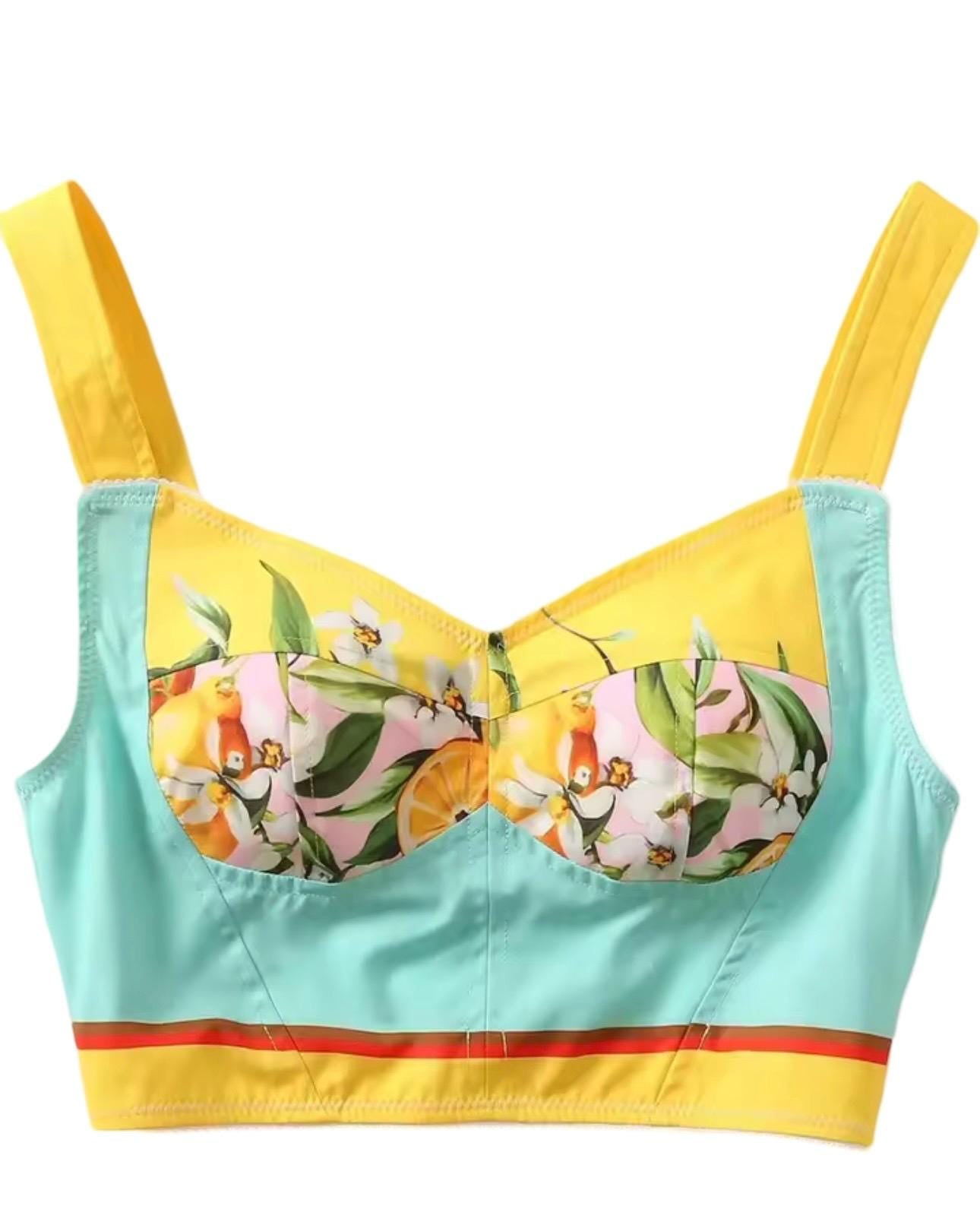 Handmade Italian Tiles Style Positano Lemon Dress Set Crop Top and Skirt
