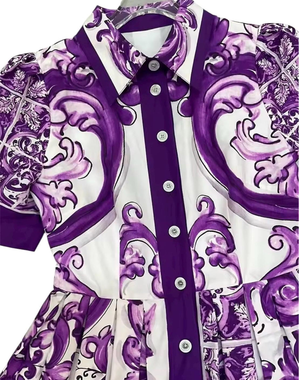 Handmade Purple Majolica Cotton Dress: Italian Designer Shirt Sleeve