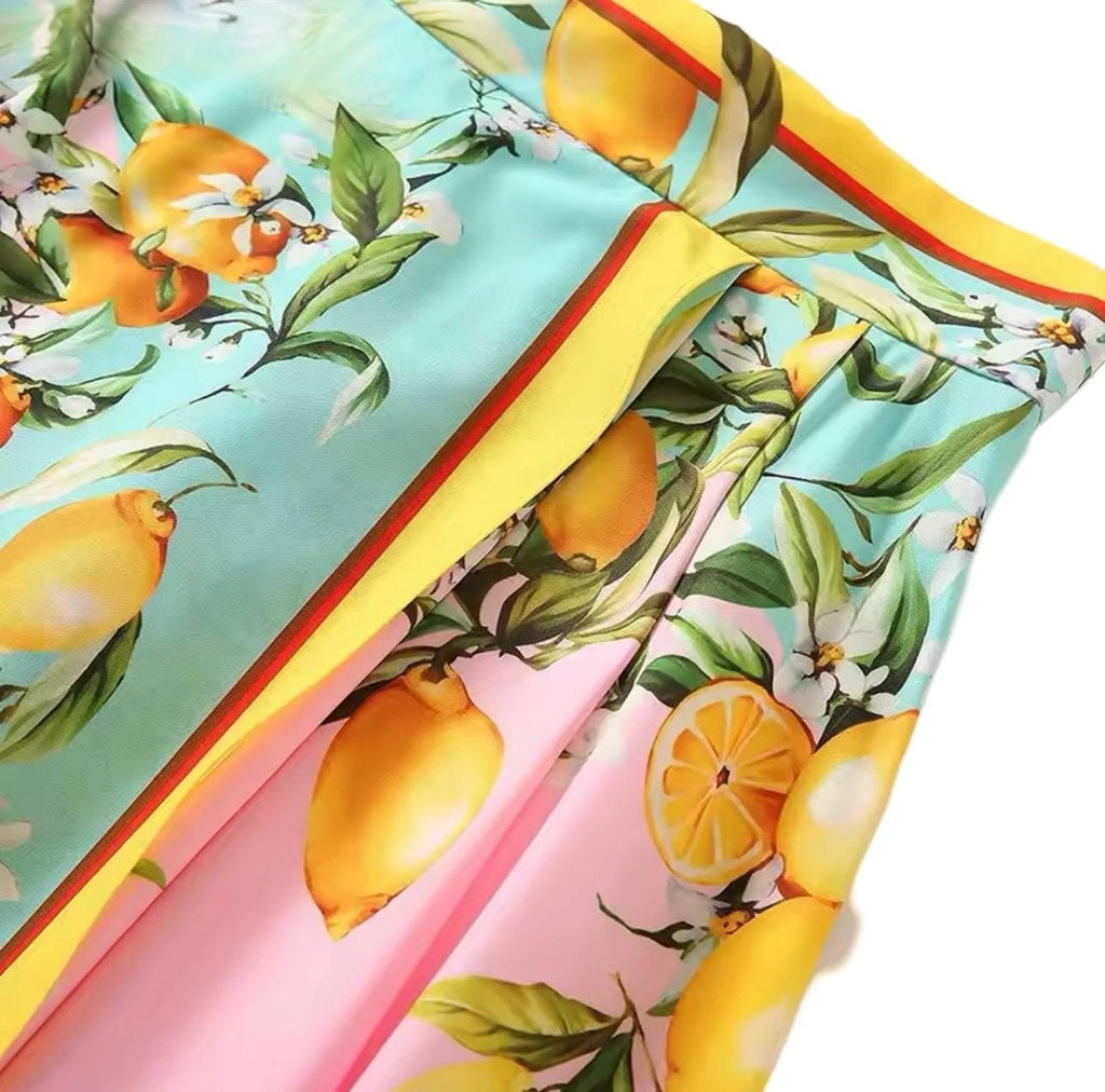 Handmade Italian Tiles Style Positano Lemon Dress Set Crop Top and Skirt
