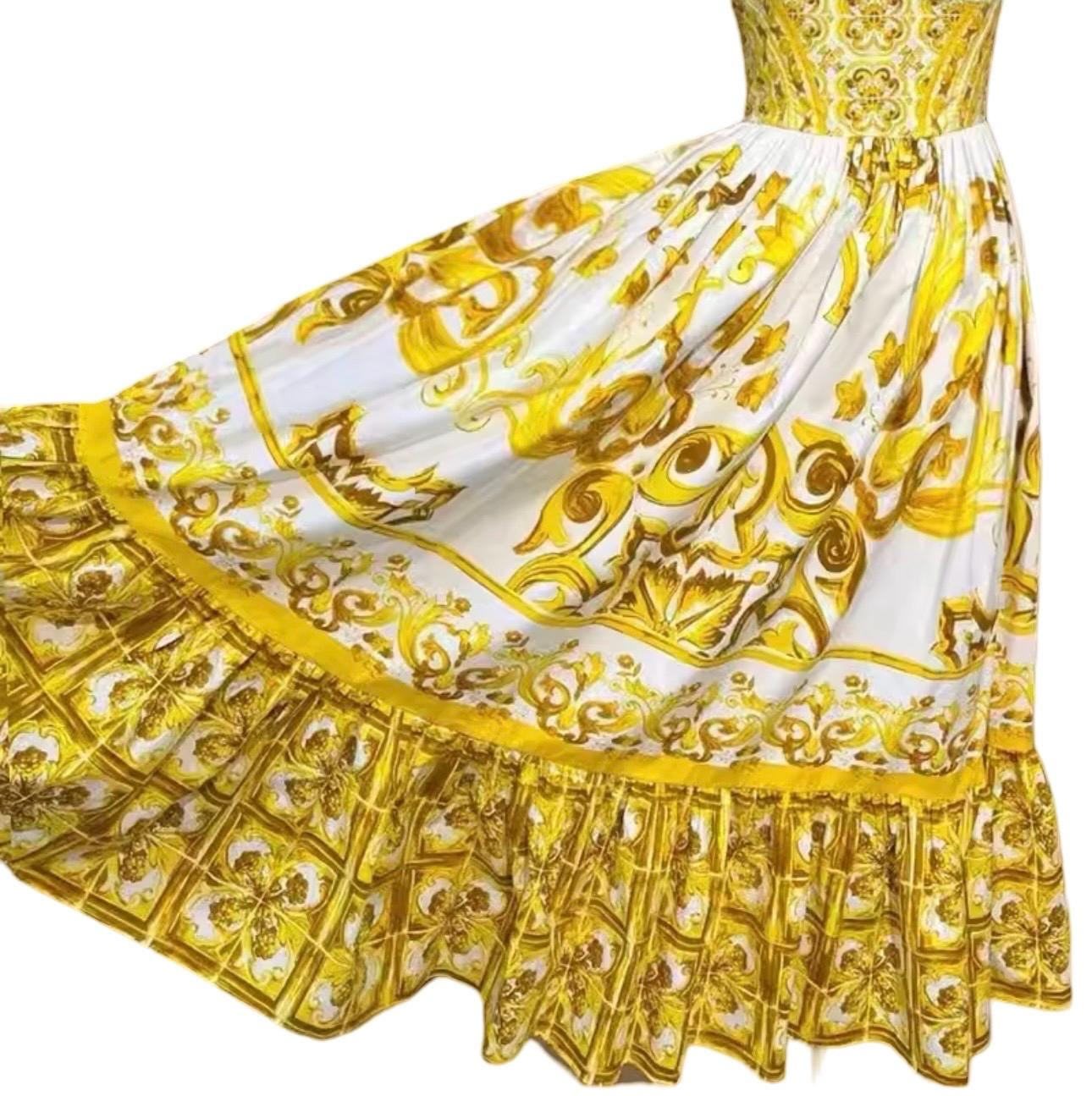 Handmade Italian Cotton Corset Dress: Majolica Print Calf-Length