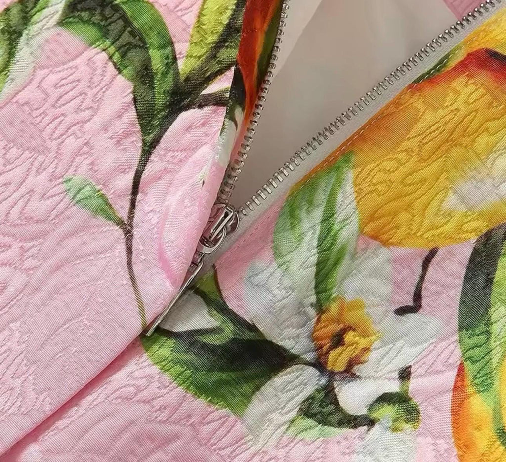 Handmade Italian designer Brocade pink Lemons print sleeveless mini dress