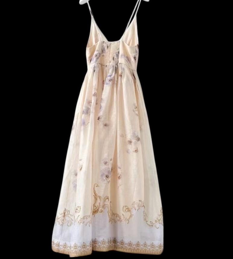 Floral Linen Silk Midi Dress: Italian Designer Handmade Luxury