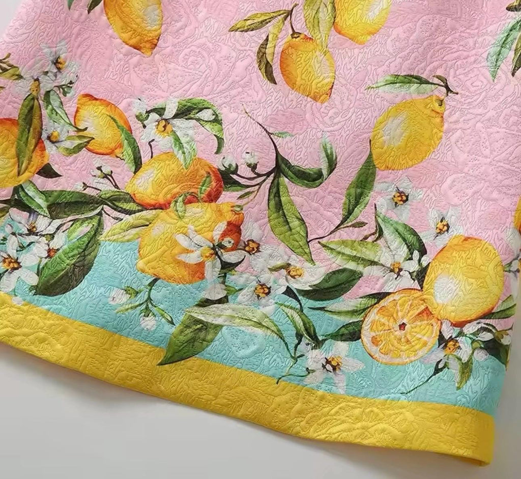Handmade Italian designer Brocade pink Lemons print sleeveless mini dress