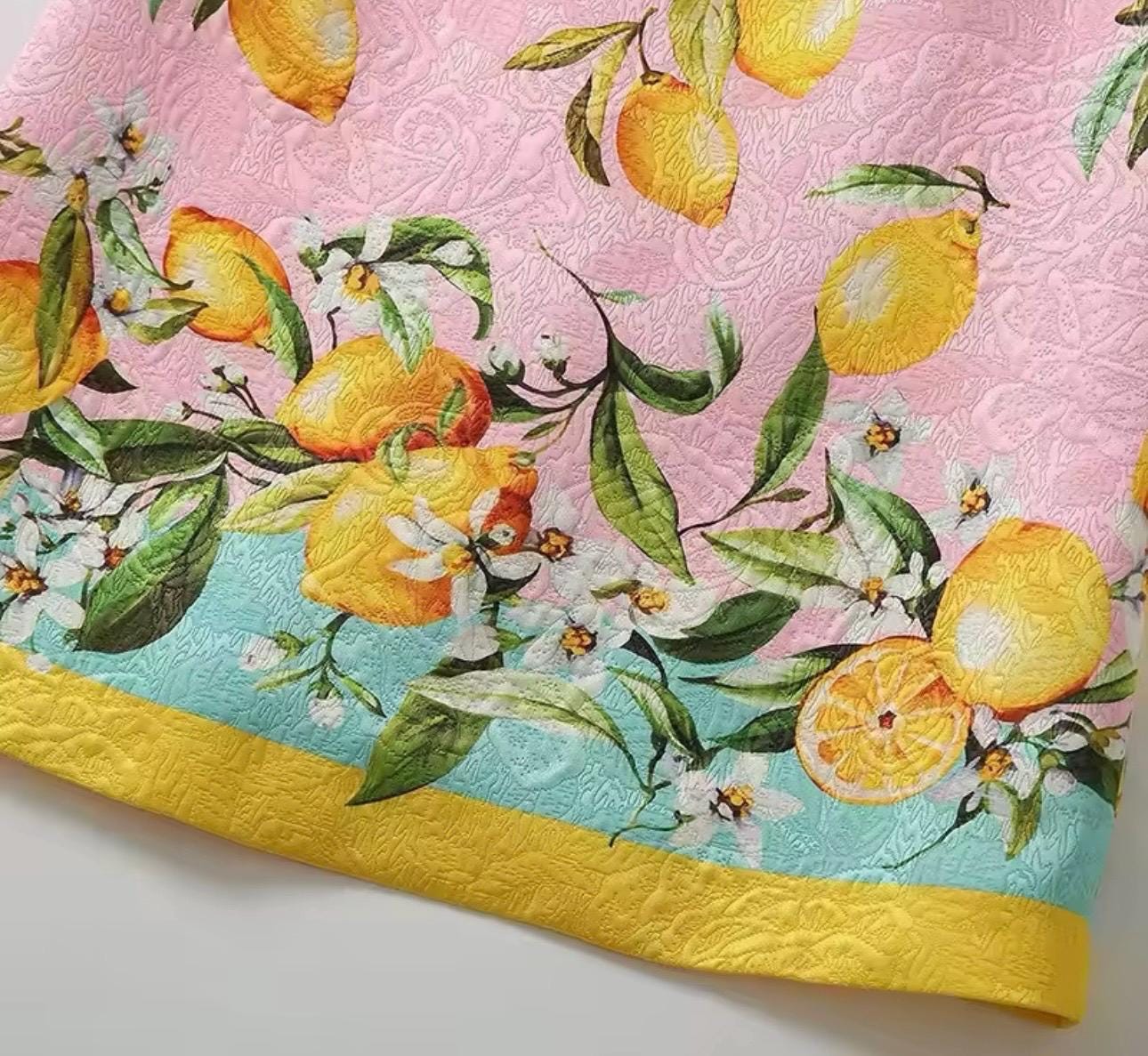 Handmade Italian designer Brocade pink Lemons print sleeveless mini dress
