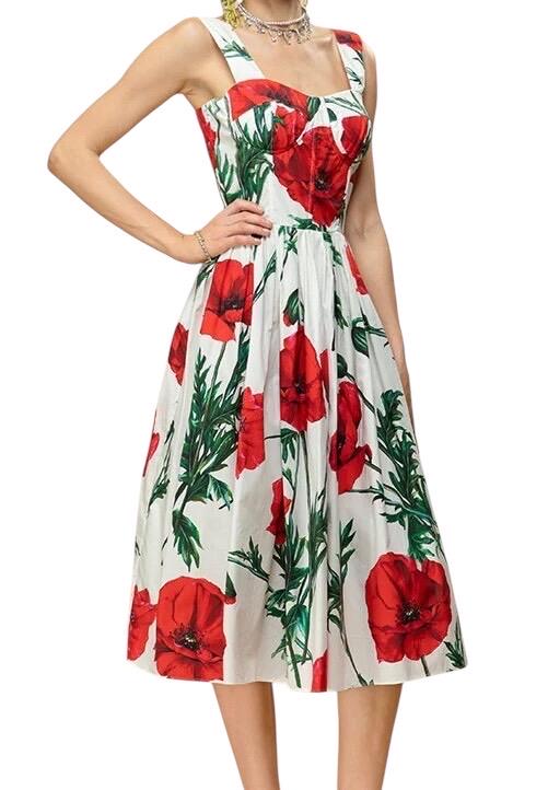 Handmade Italian designer Poppies print push up cotton dress