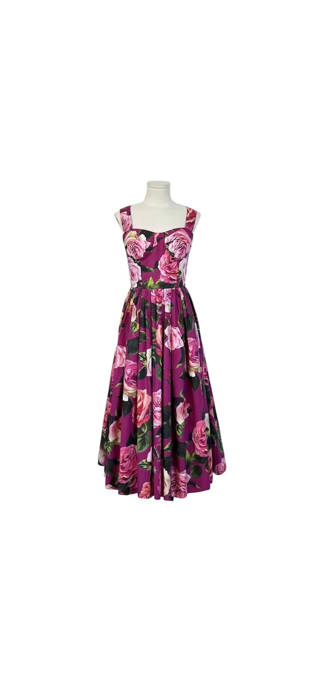 Italian Luxury designer Magenta Roses print push up 100% cotton dress
