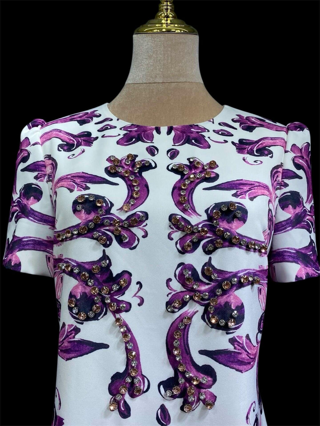 Italian Majolica Print Dress: Rhinestone Detail, Purple Cotton Blend