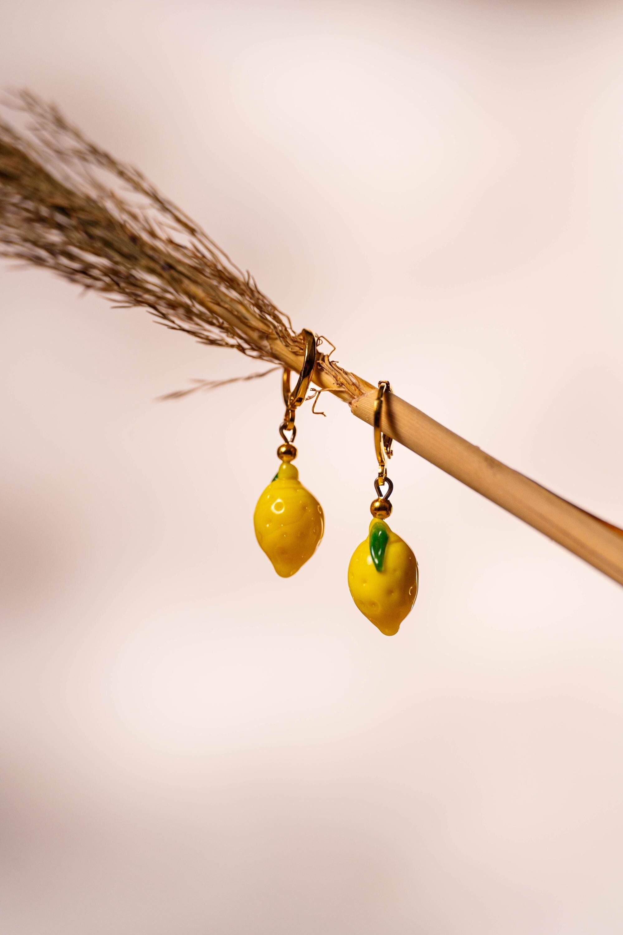 Handmade Murano Glass Lemon Earrings: Gold Plated Hoop Charm