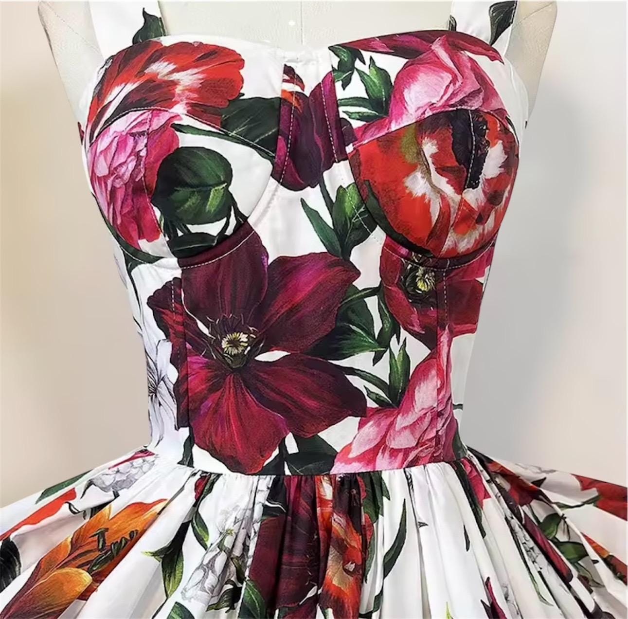 Handmade Italian designer Floral Print Popeline Midi Dress 100% cotton