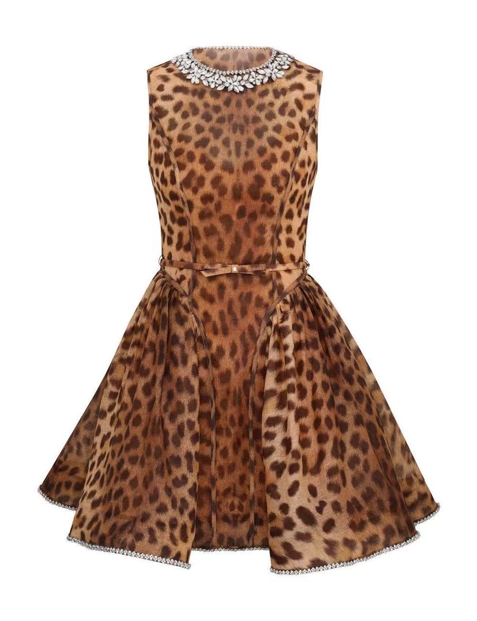 Handmade Italian Linen Silk Mini Dress: Leopard Print, Swarovski Crystals