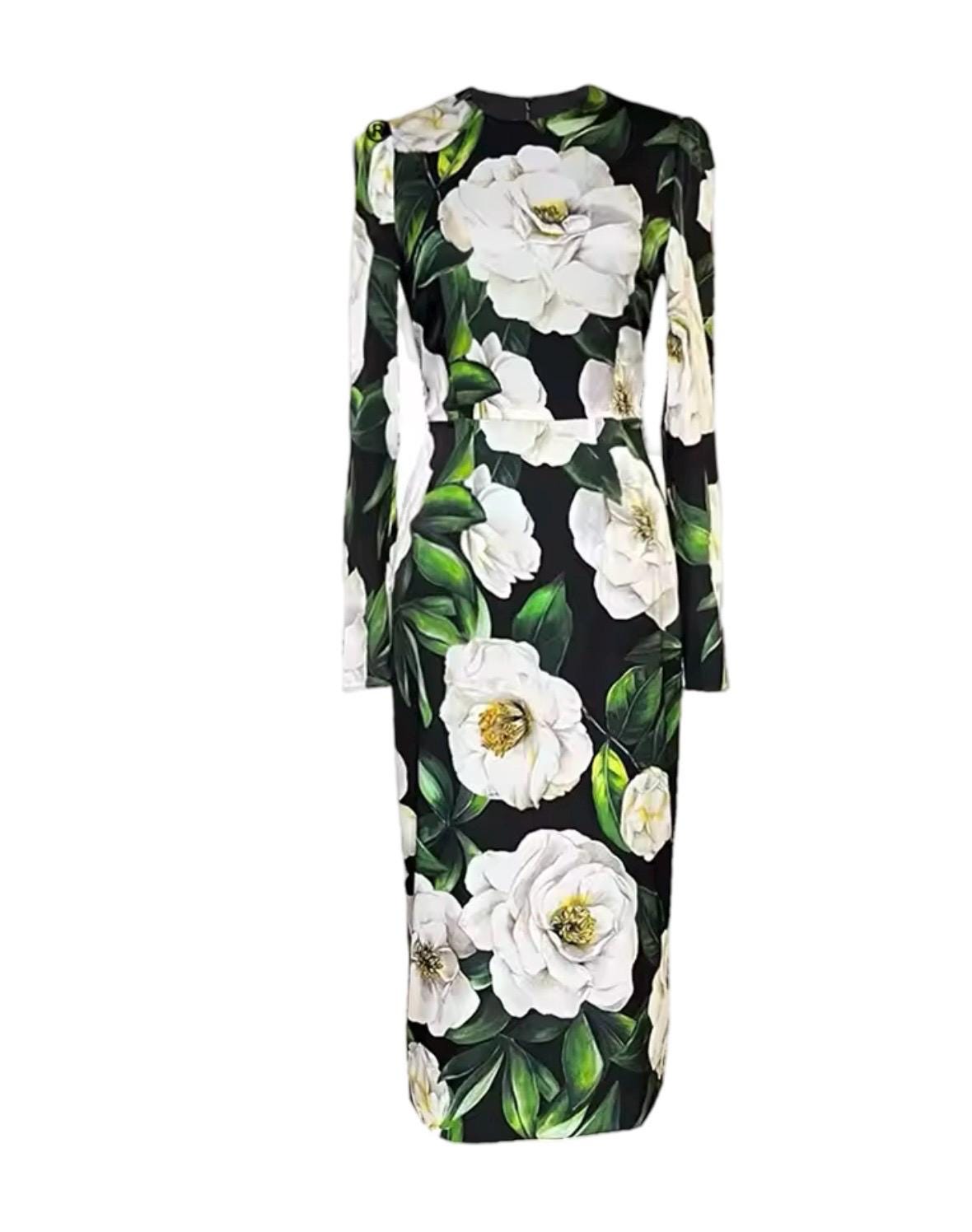 Italian Luxury Designer White Roses print long sleeve 100% silk dress Summer dress