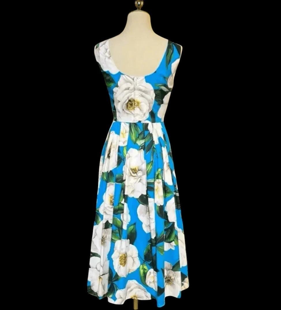 Italian designer White Roses on Blue print plunge back 100% cotton dress