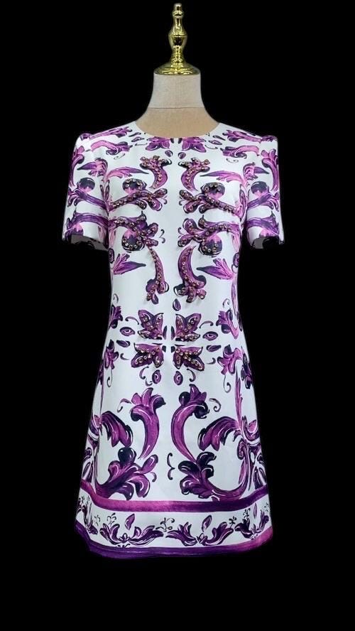 Italian Majolica Print Dress: Rhinestone Detail, Purple Cotton Blend