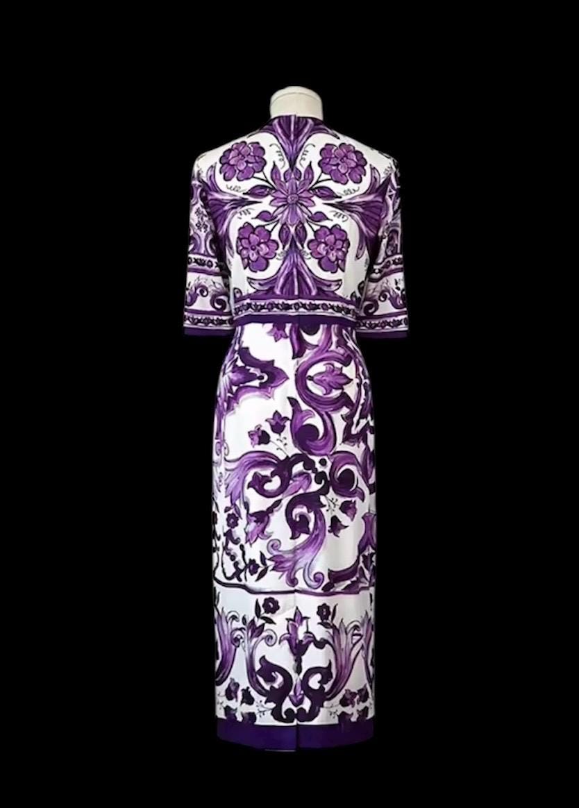 Italian Silk Occasion Dress: Purple Majolica Print, Full Sleeves