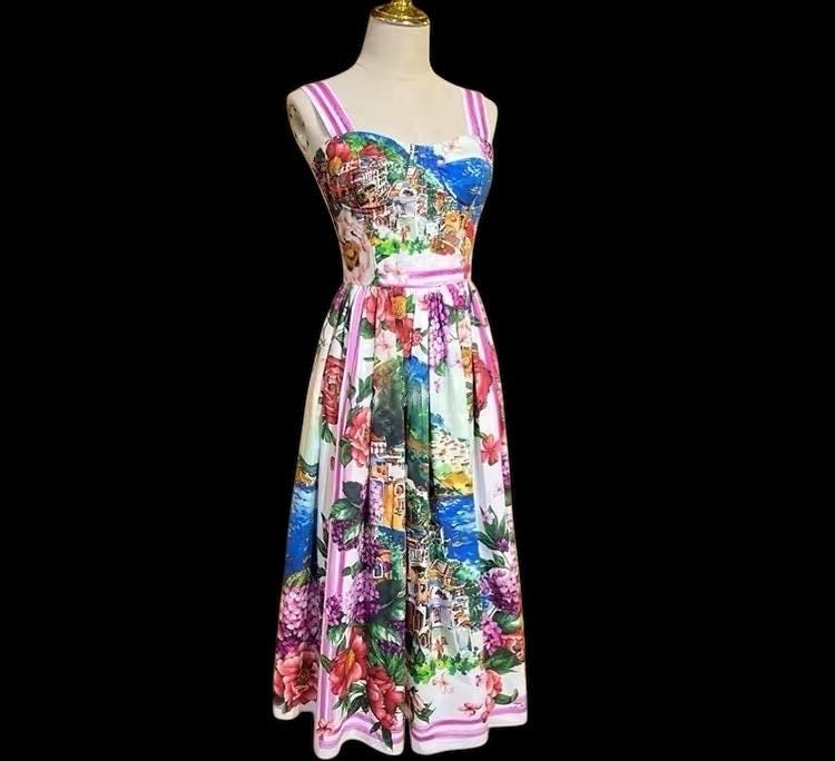 Handmade Italian designer Positano print push up cotton dress, dolce vita dress