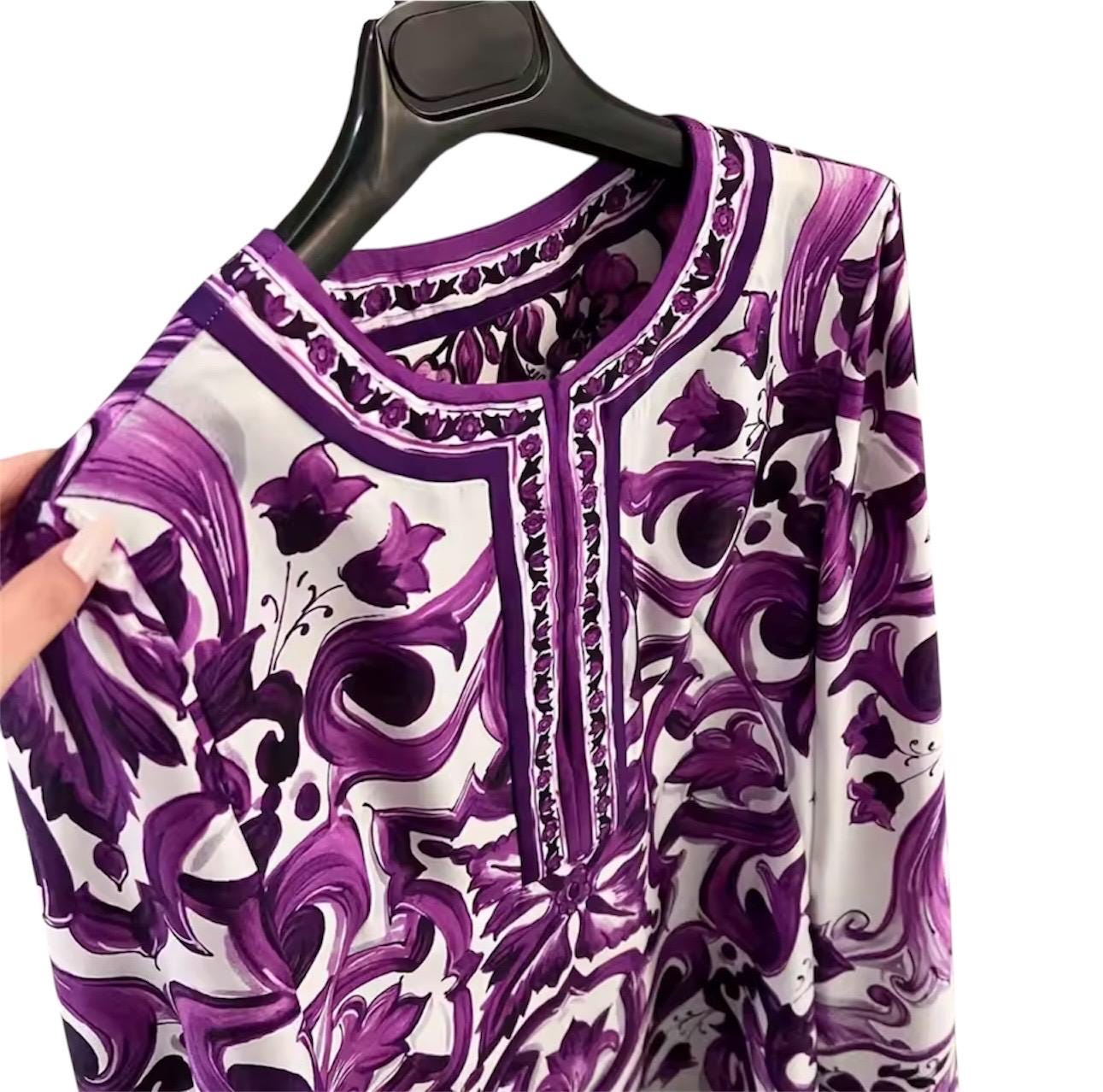 Handmade Italian Silk Brocade Mini Dress: Majolica Print Long Sleeve