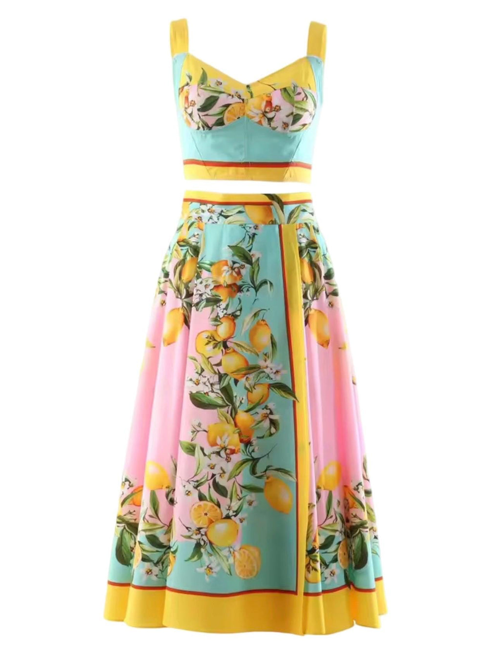 Handmade Italian Tiles Style Positano Lemon Dress Set Crop Top and Skirt